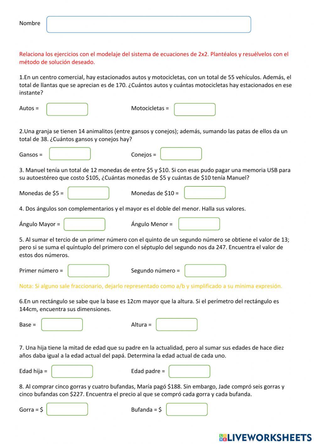 Sistema de ecuaciones de 2x2