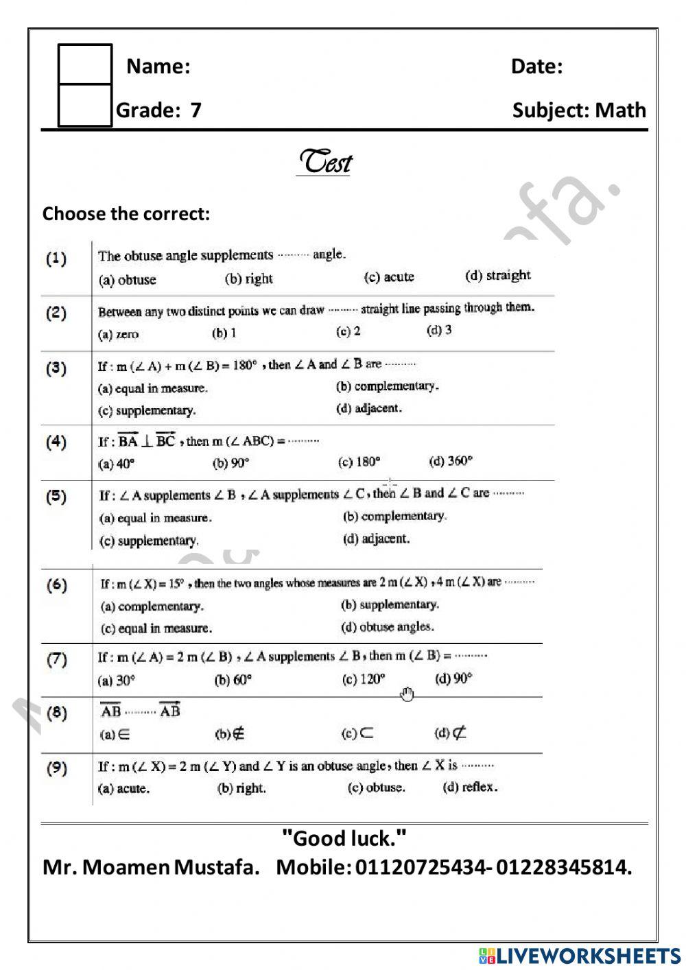 Math-Grade 7 1530982 | Moamen Mostafa Ashour | Live