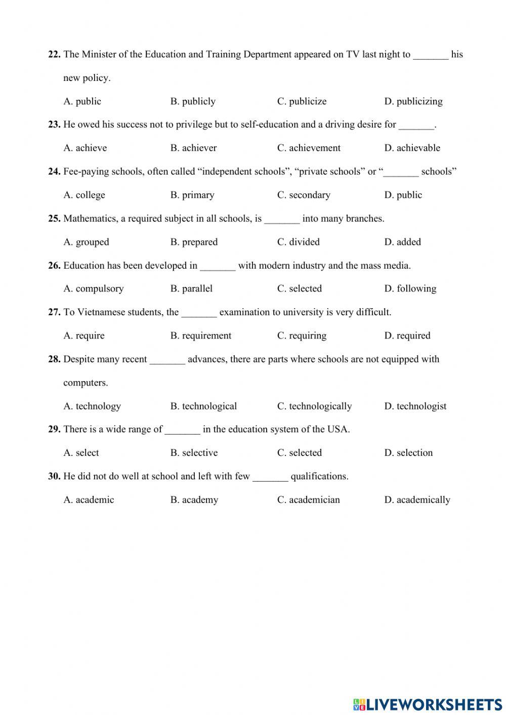 Unit 4:School education system activity Live Worksheets