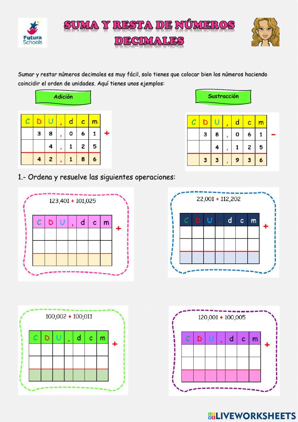 Adición y sustracción de números decimales