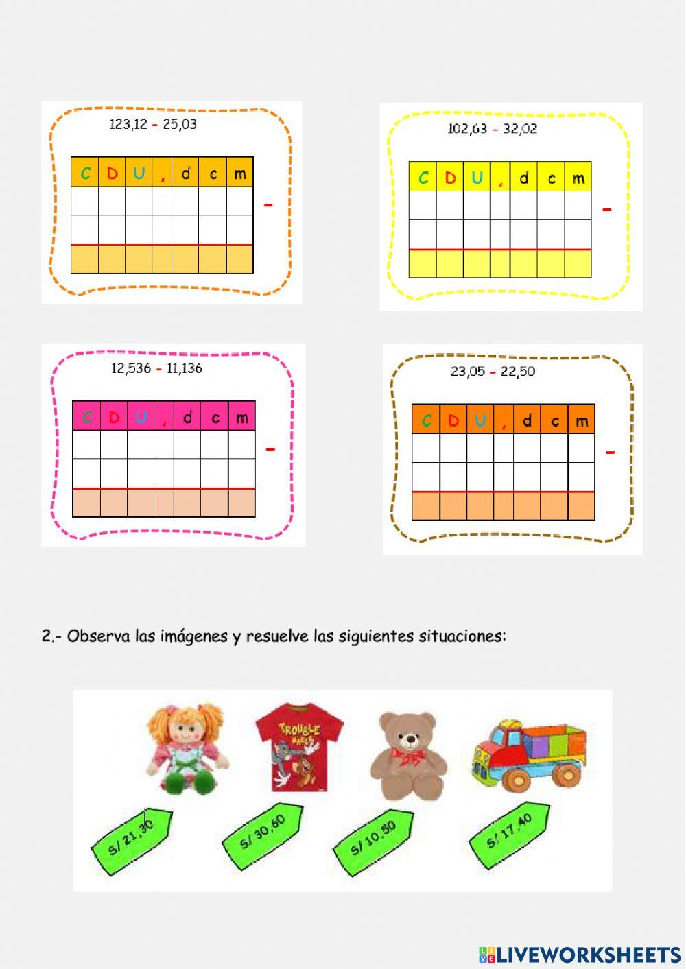 Adición y sustracción de números decimales