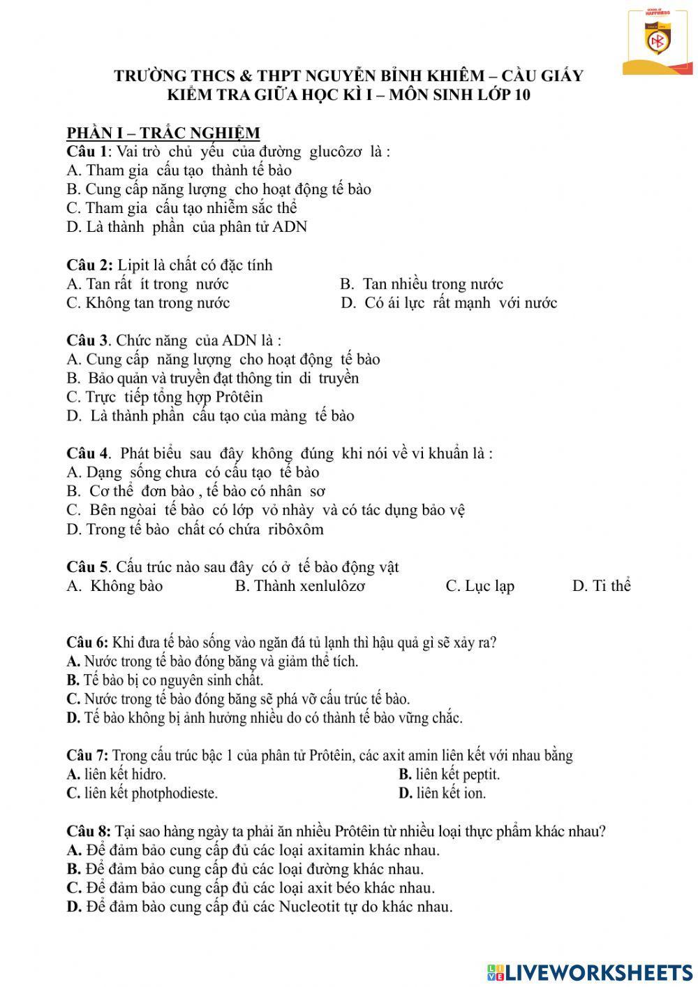 Đề kiểm tra sinh khối 10 ban d