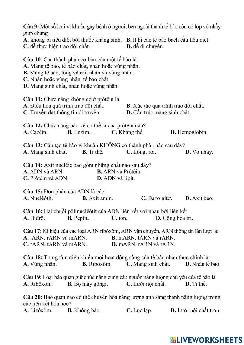 Đề kiểm tra sinh khối 10 ban d