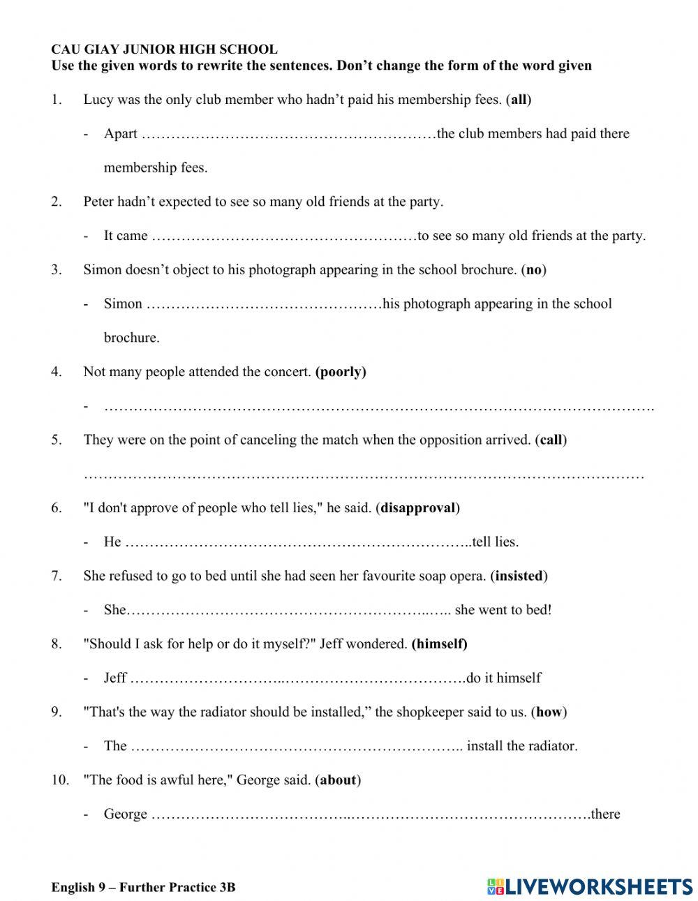 E9 - Further Practice 3B - Viết lại câu