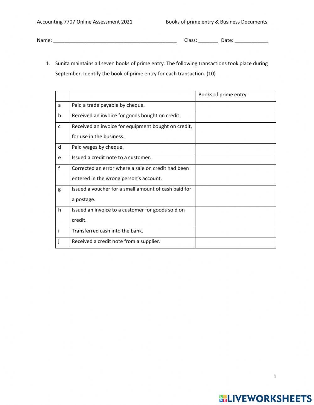 Year 9 Online test 1 Book of prime entry - Business Documents