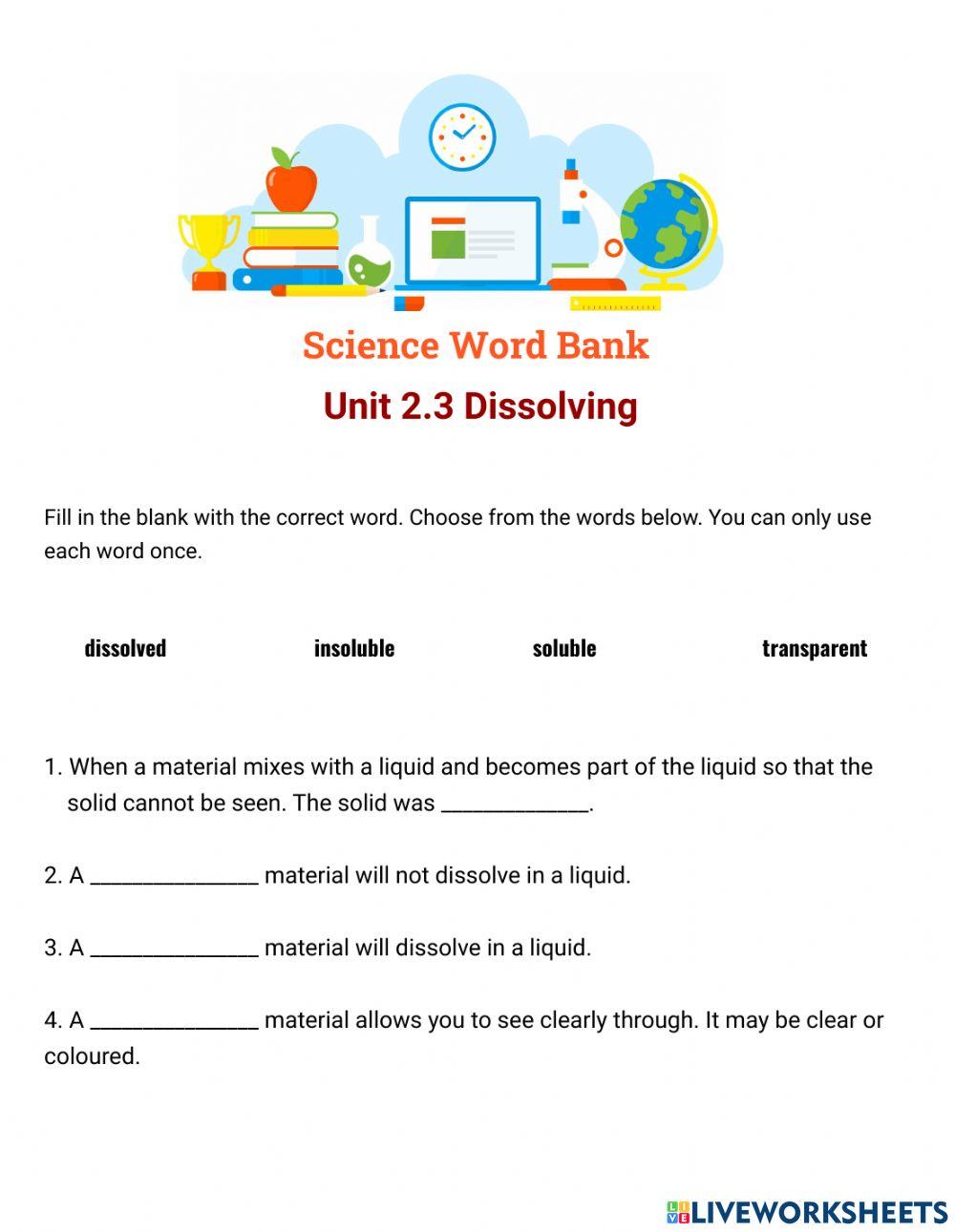 Science Word Bank - Unit 2.3 Dissolving