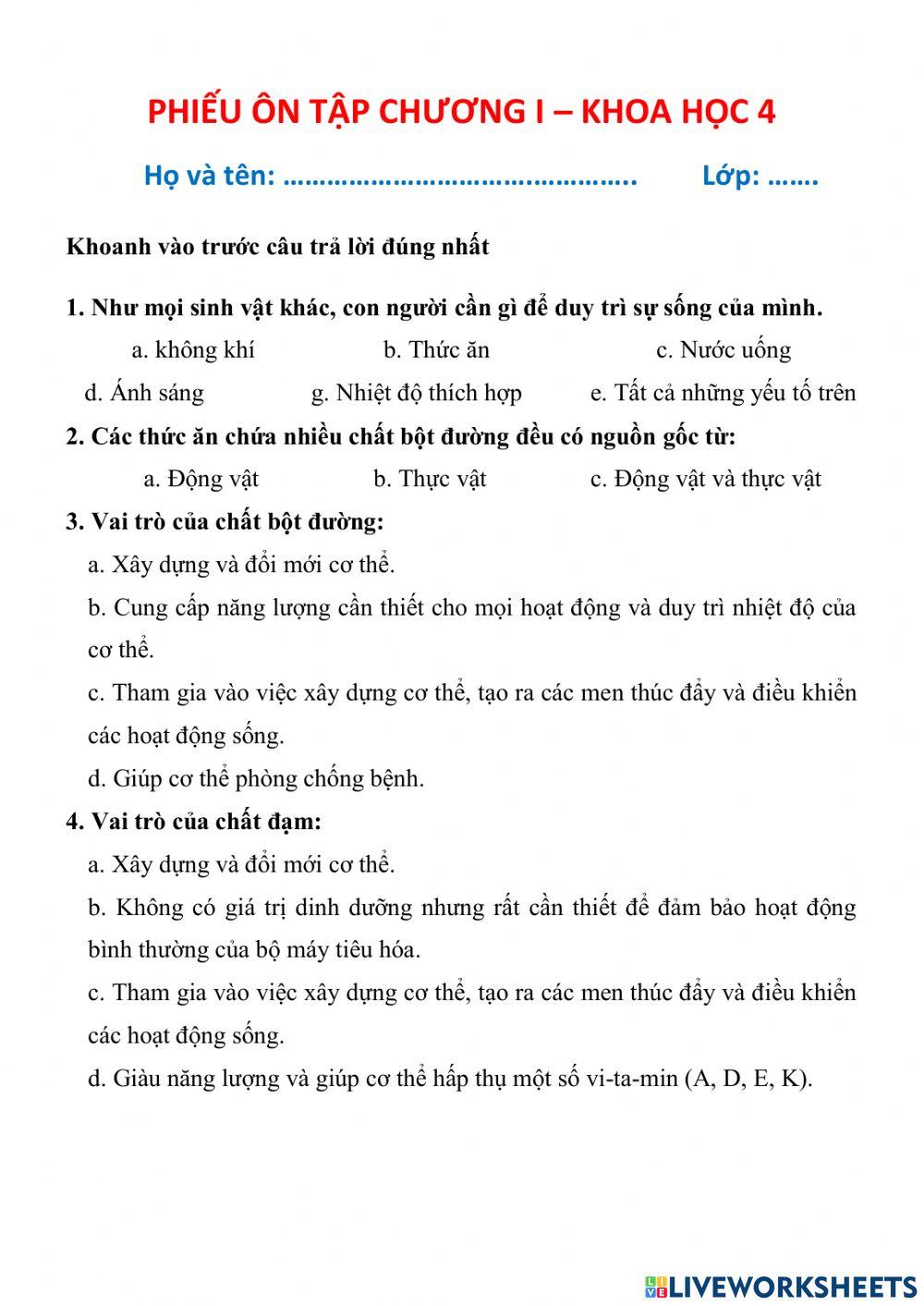 Ôn tập chương I- khoa học 4