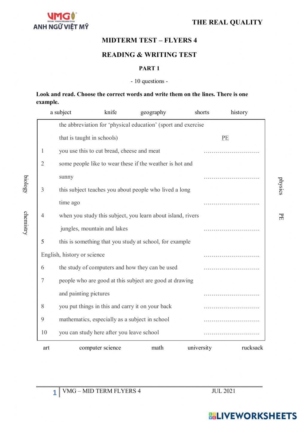 Flyers 4 - Midterm Test - Reading and Writing