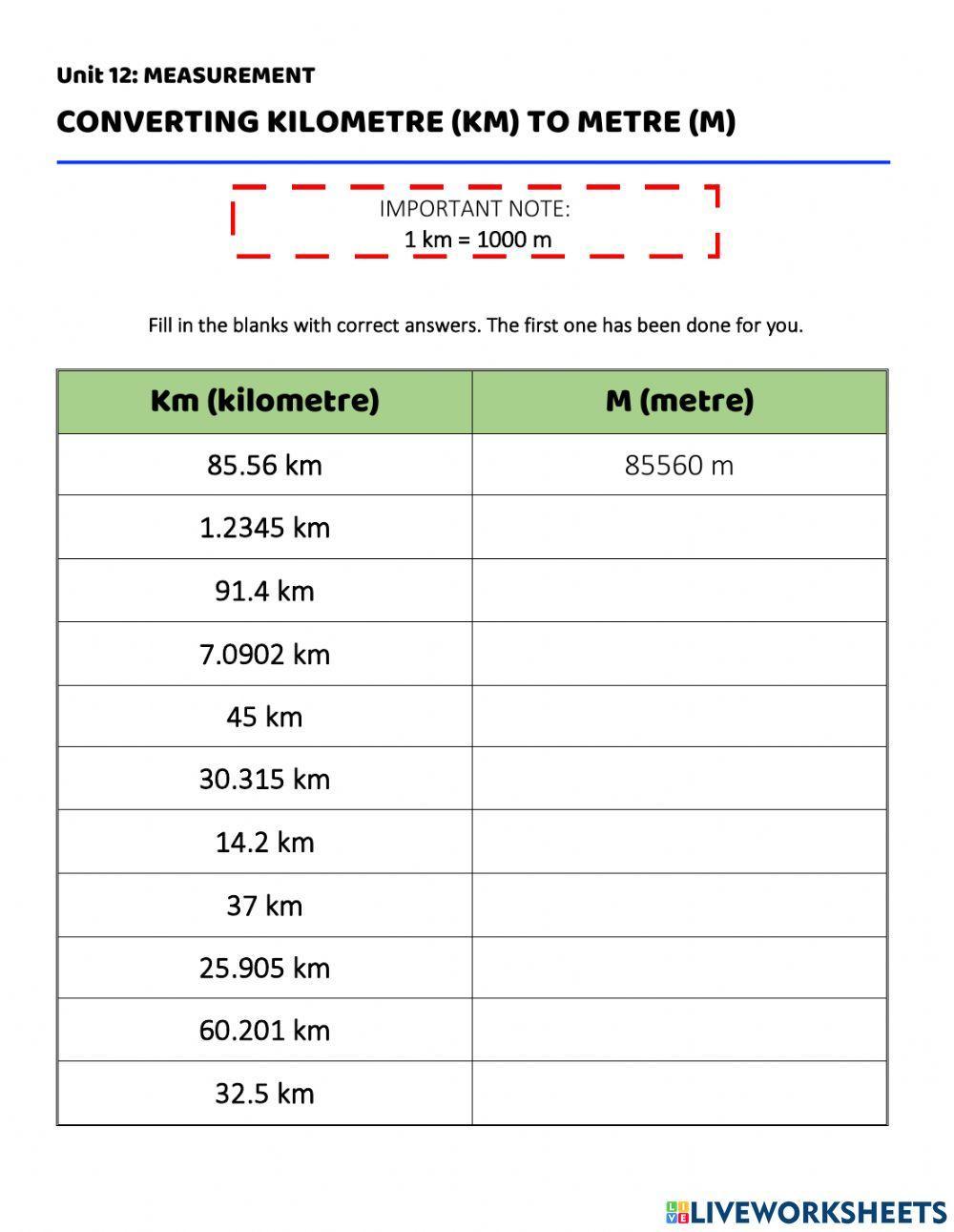 Convert km to m