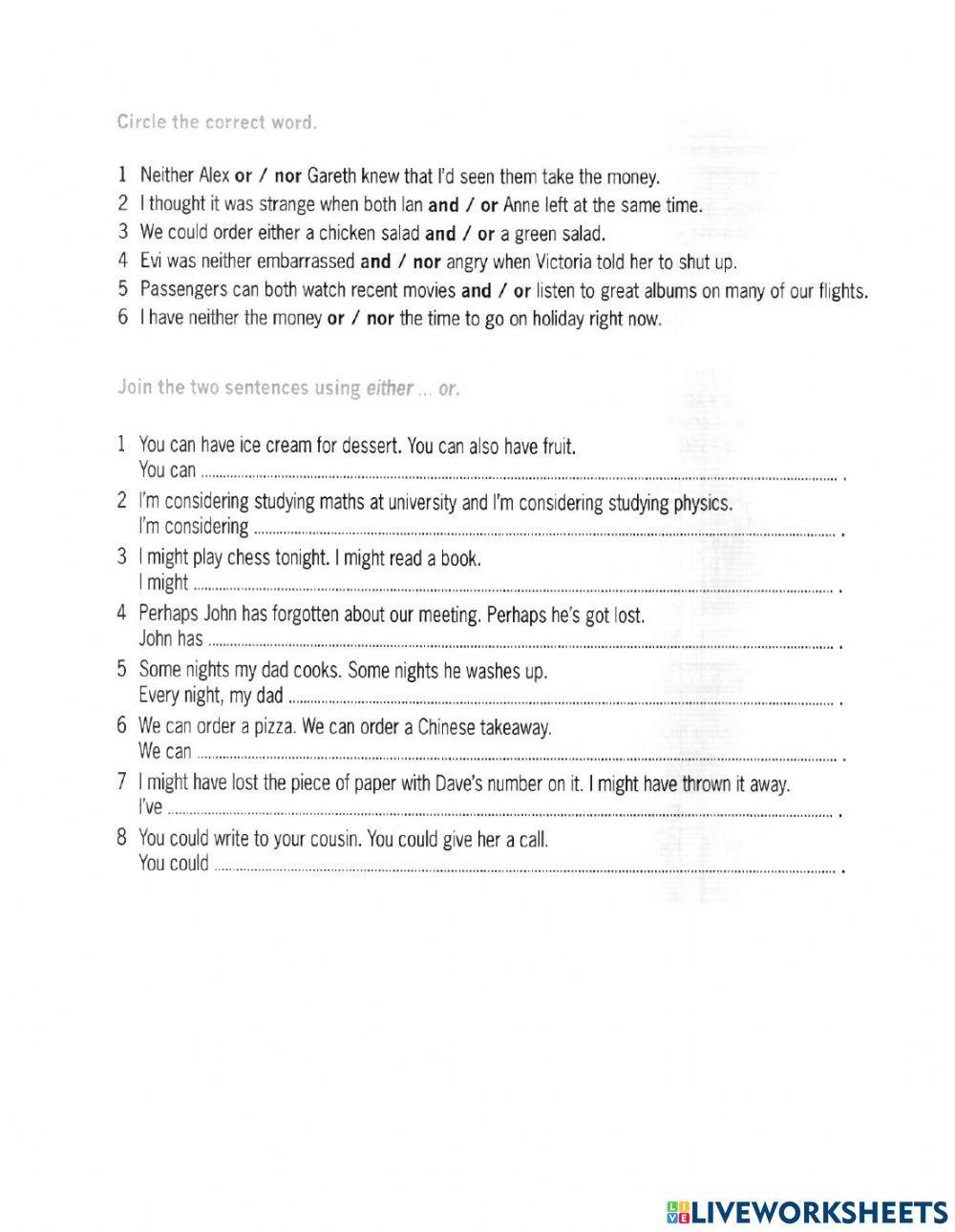 Neither nor eit… | Free Interactive Worksheets | 1532726