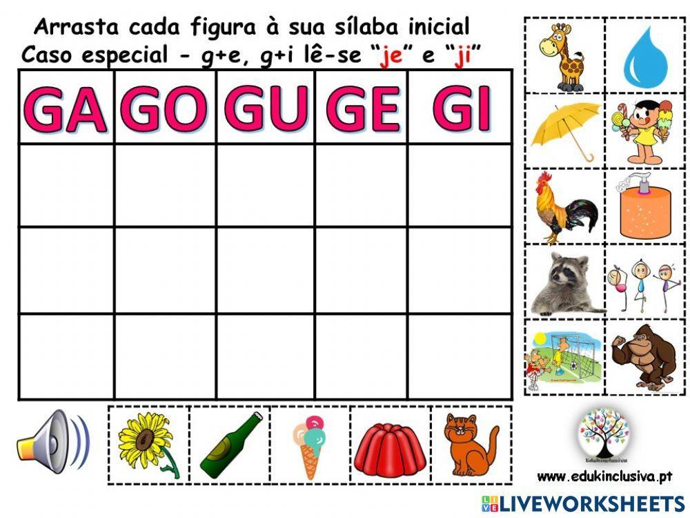 Jogo interativo – sílabas – ga-go-gu – ge-gi worksheet | Live Worksheets