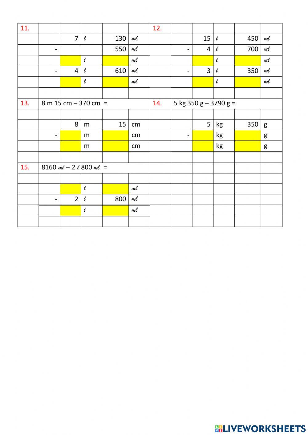 Tolaj panjang, jisim dan isipadu cecair