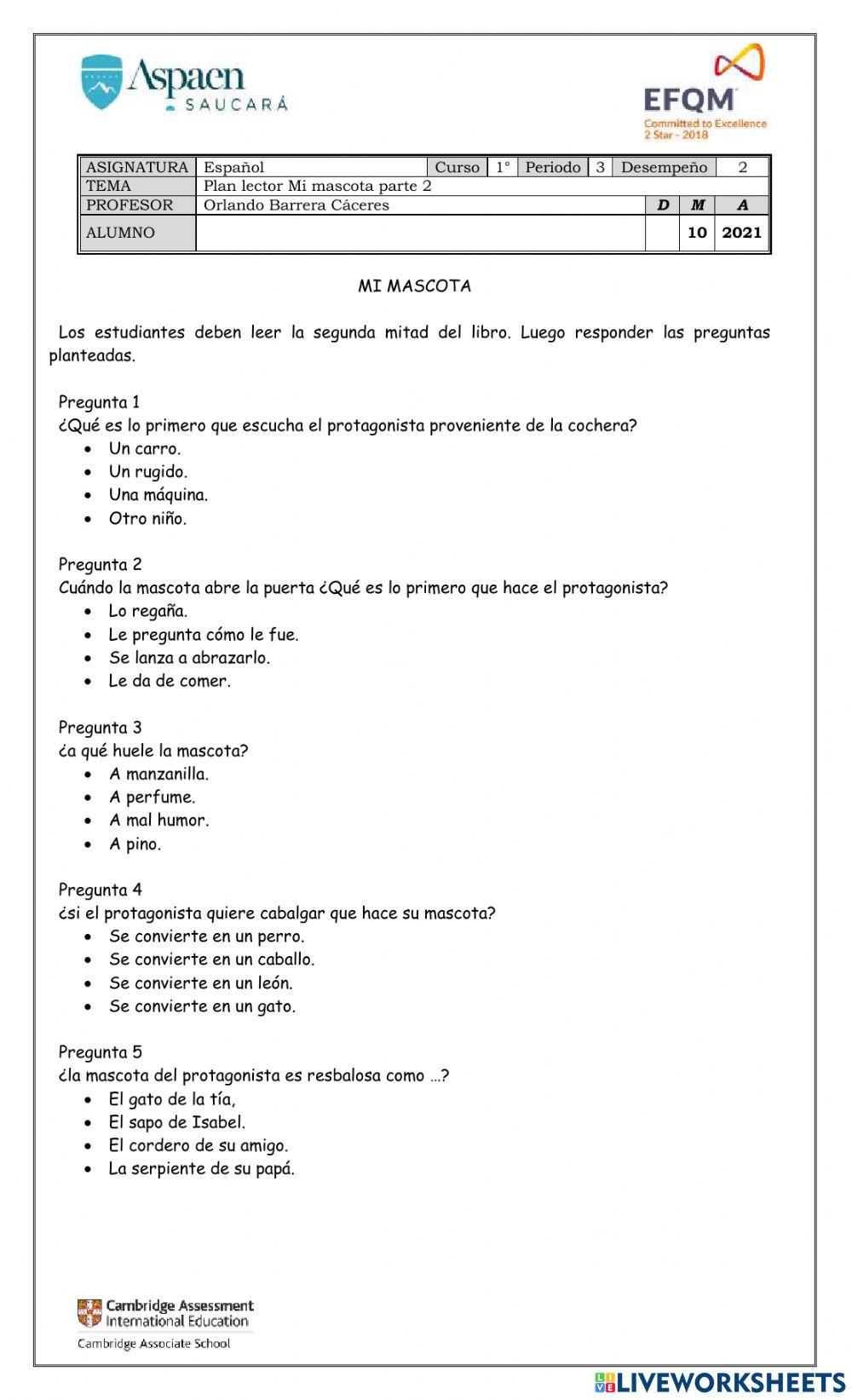 Plan lector Mi mascota parte 2 Plan lector Mi mascota parte 2