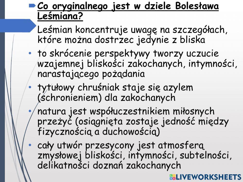 W Malinowym Chruśniaku Interpretacja Bolesław Leśmian W malinowym Chruśniaku worksheet | Live Worksheets
