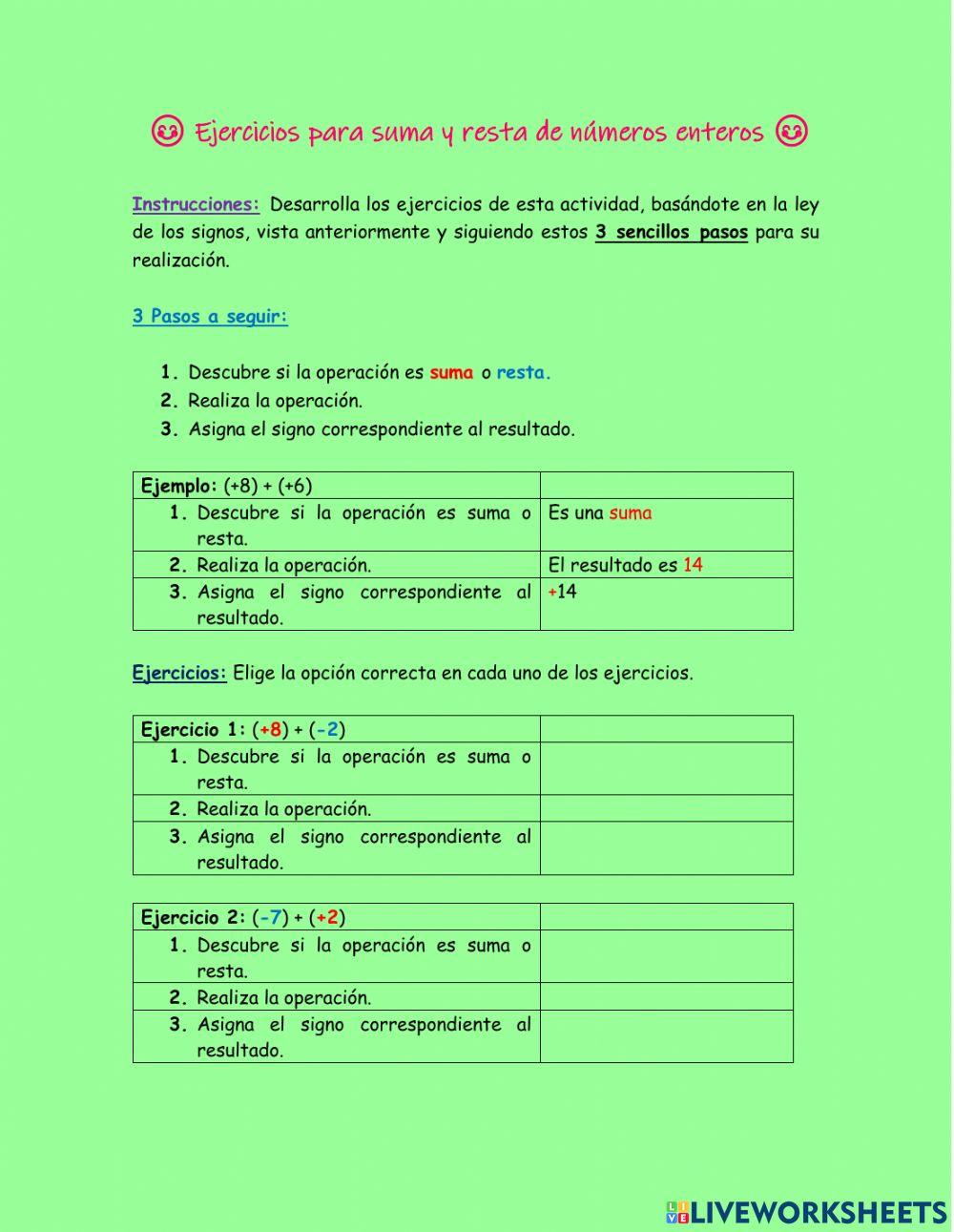 Ejercicios con números enteros