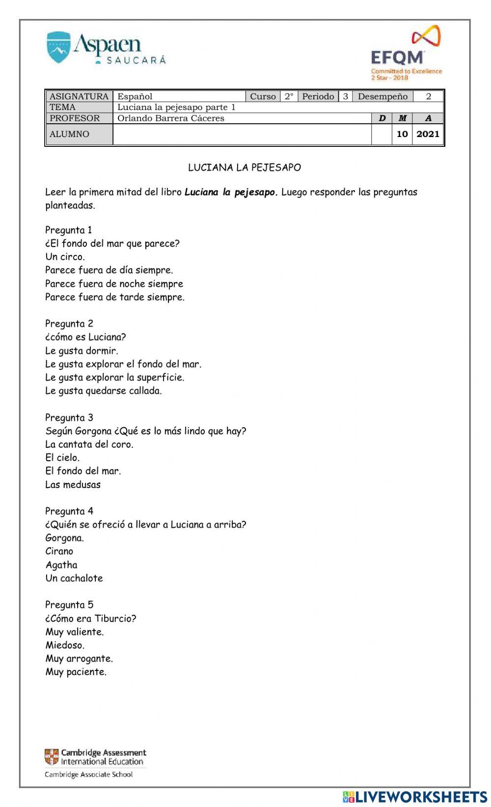 Plan lector Luciana la pejesapo parte 1 Plan lector Luciana la pejesapo parte 1