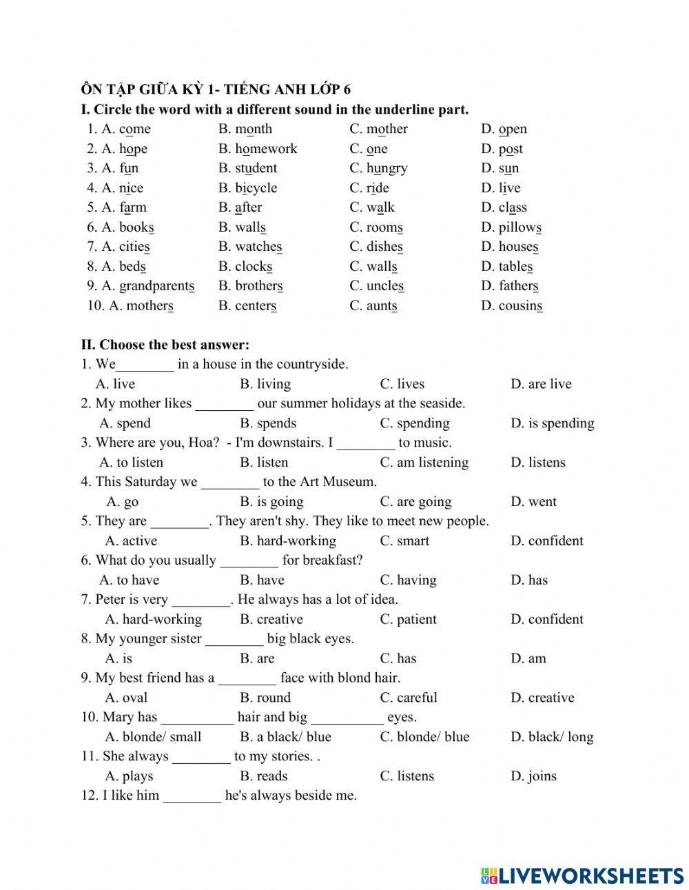 Review mid term 1- TIẾNG ANH LỚP 6