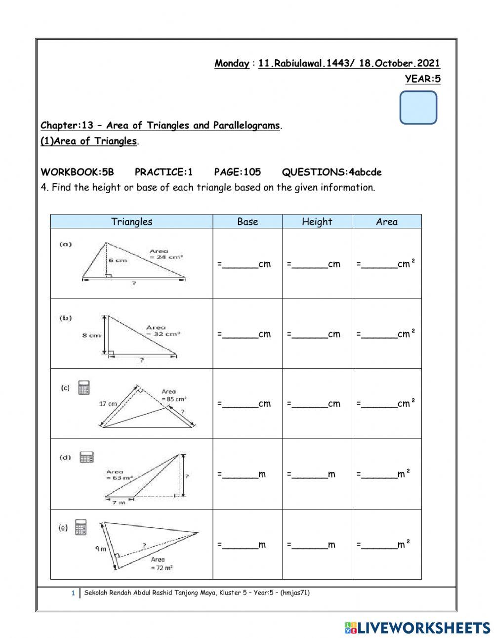 Year 5 - Finding base and height of a triangle online exercise for ...