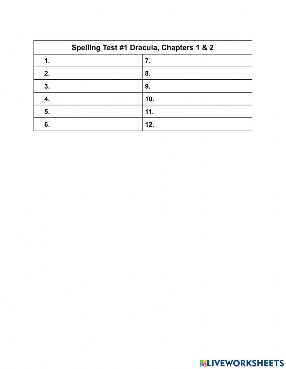 Dracula Spelling Test -1, Chapters 1 & 2