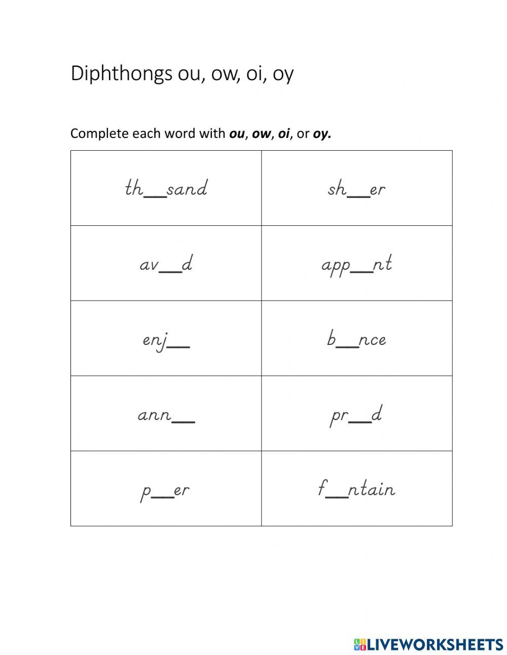 Diphthongs ou, ow, oi, oy