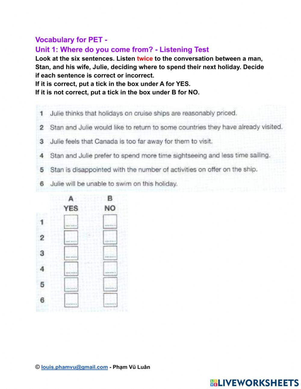 Vocabulary for PET -  Unit 1: Where do you come from? - Listening Test