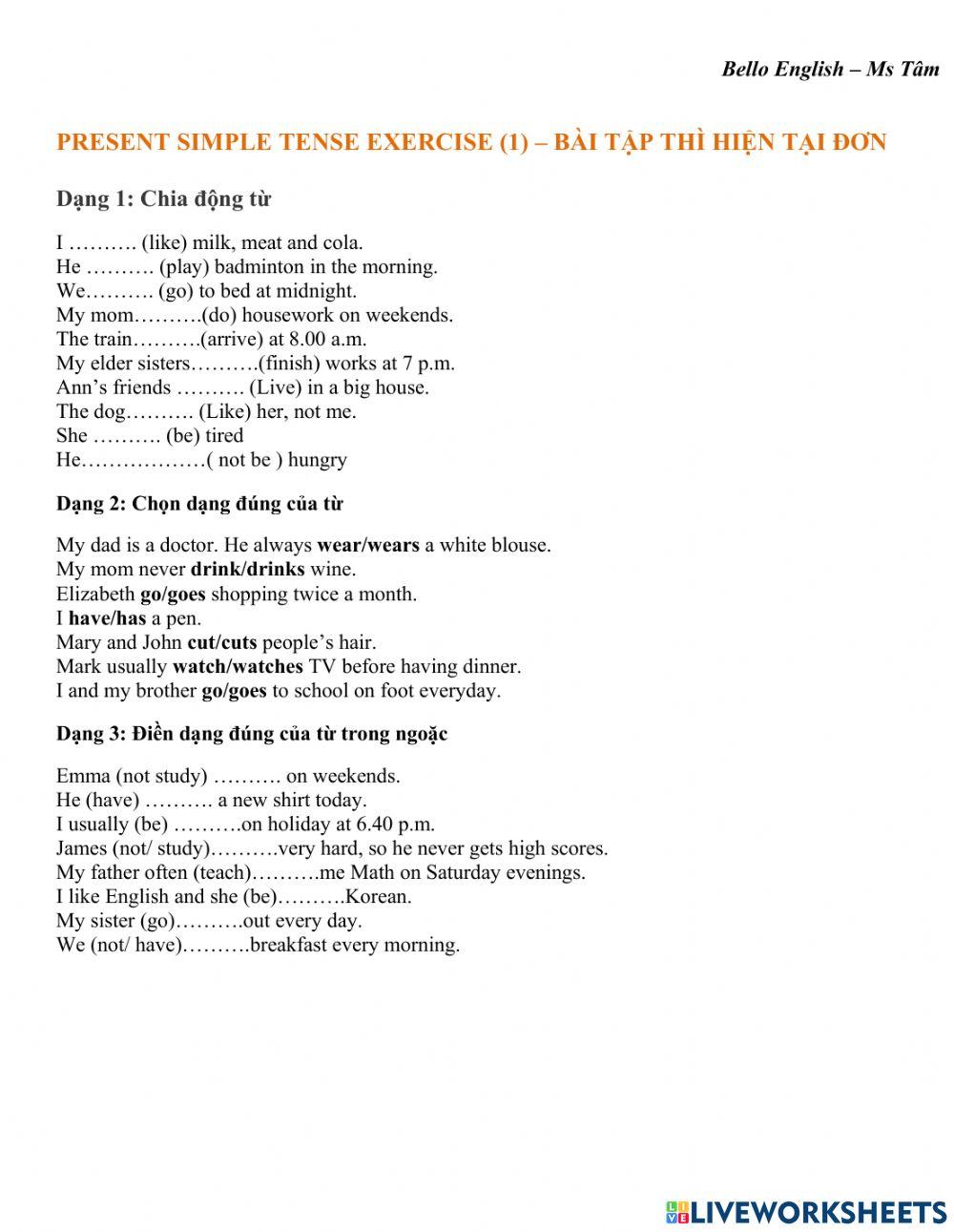 PRESENT SIMPLE TENSE EXERCISE (1)- grade 5