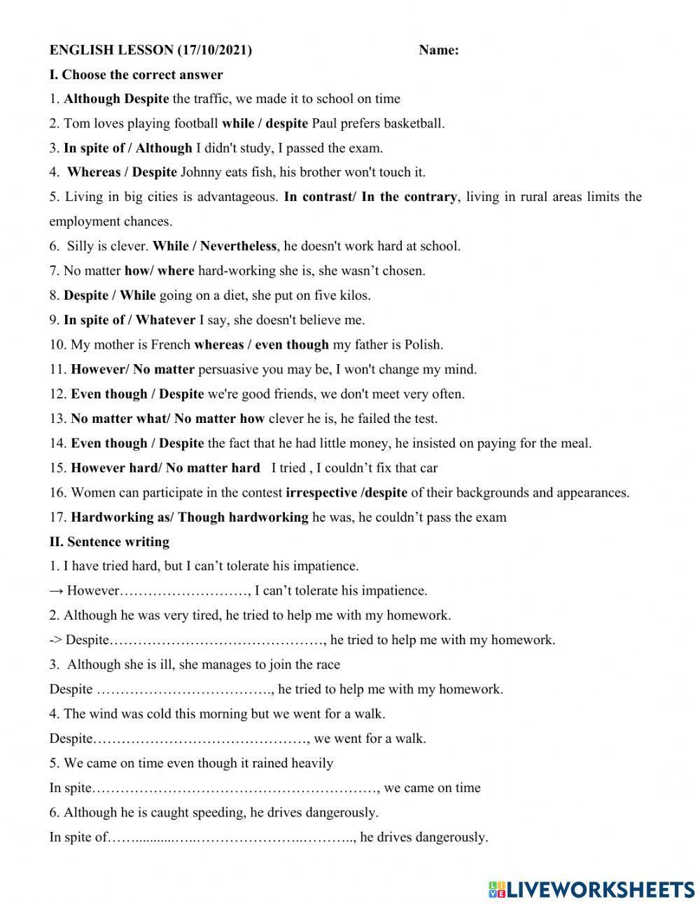 Grade 12- Connectors of Contrast