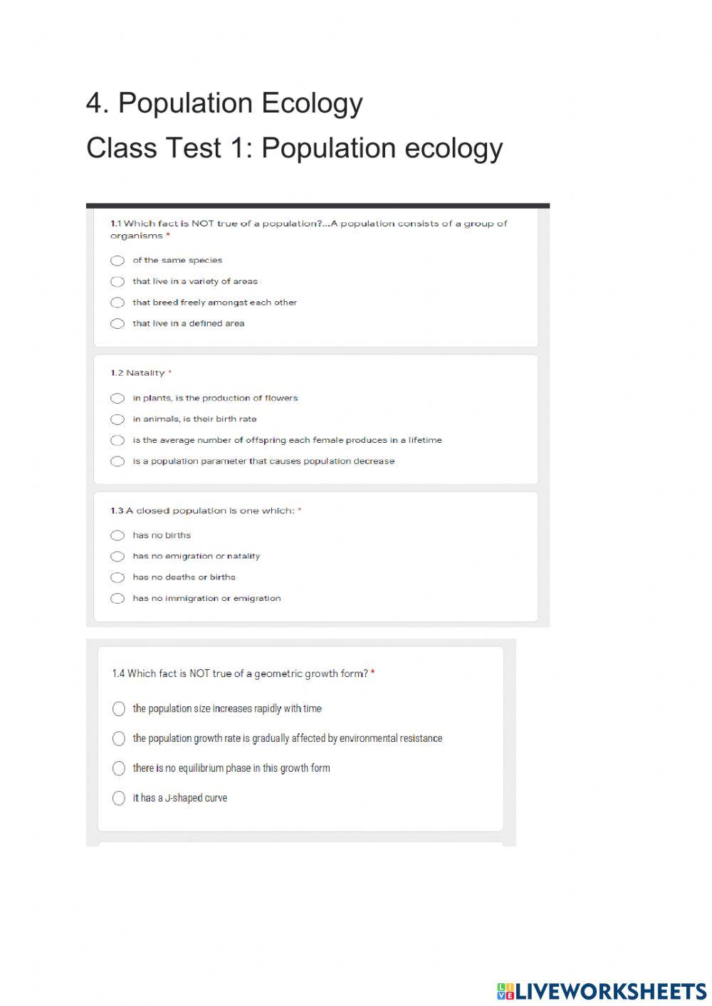 Population Ecology Worksheet