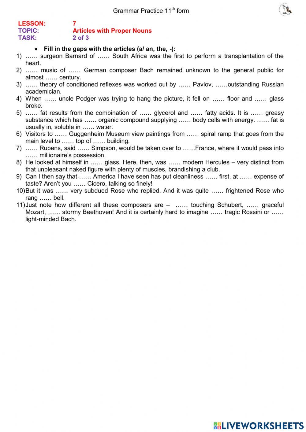 Articles with Proper Names (11th form) ex.2