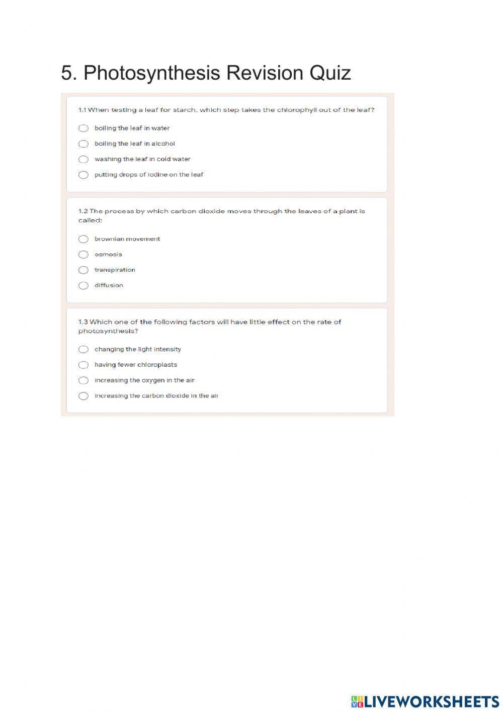 5. Photosynthesis Revision Quiz