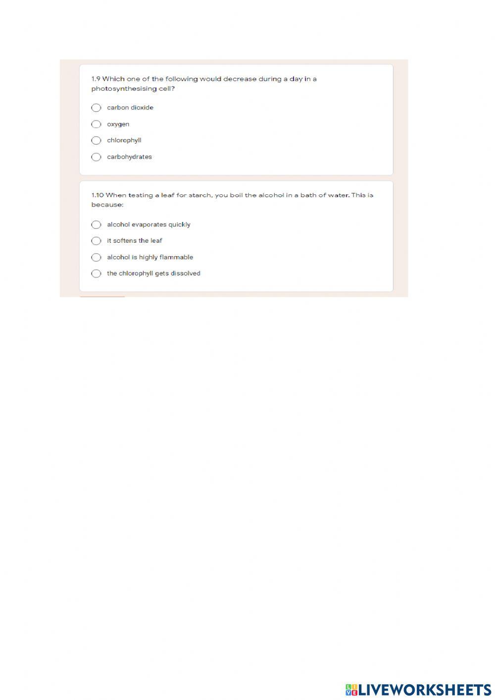5. Photosynthesis Revision Quiz