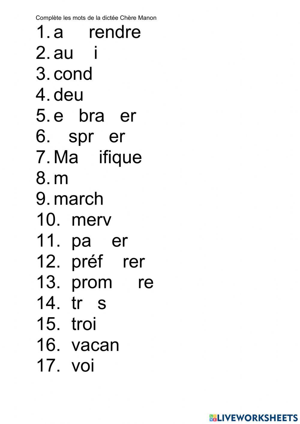 Prépa dictée chère Manon