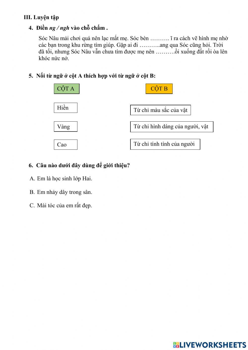Phiếu bài tập ôn tập tiếng việt cuối tuần 5 - lớp 2