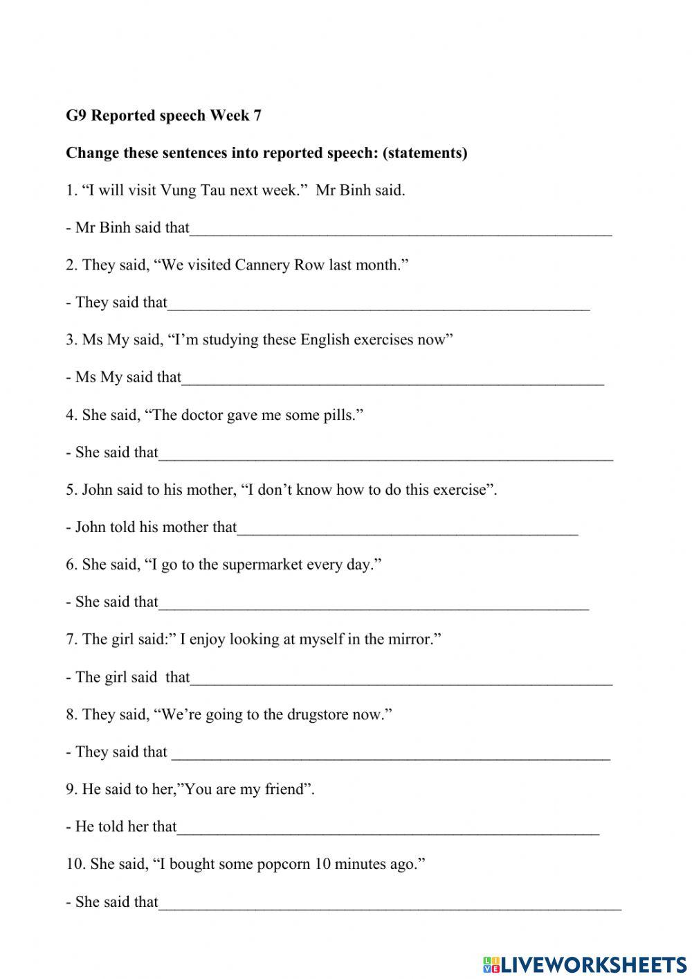 G9 Reported speech Week 7 class worksheet | Live Worksheets