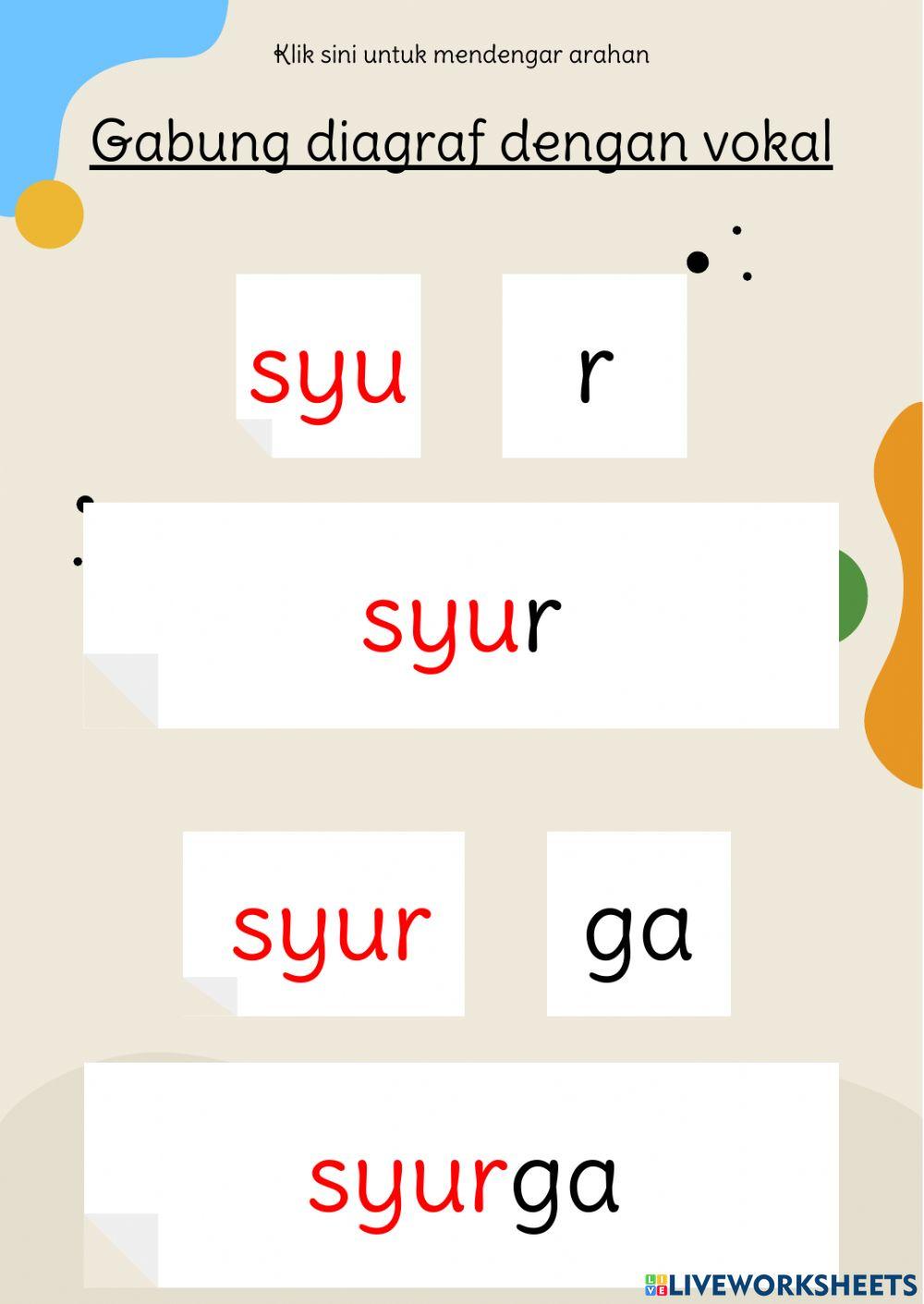 Panduan gabung  diagraf -sy- dengan vokal a,i,u