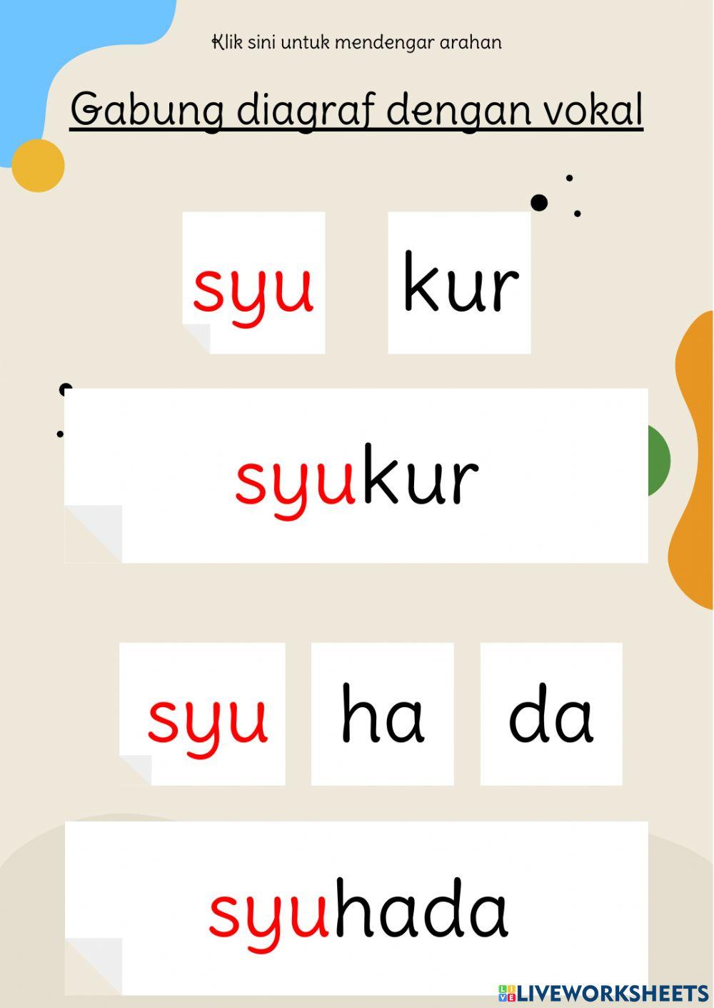 Panduan gabung  diagraf -sy- dengan vokal a,i,u