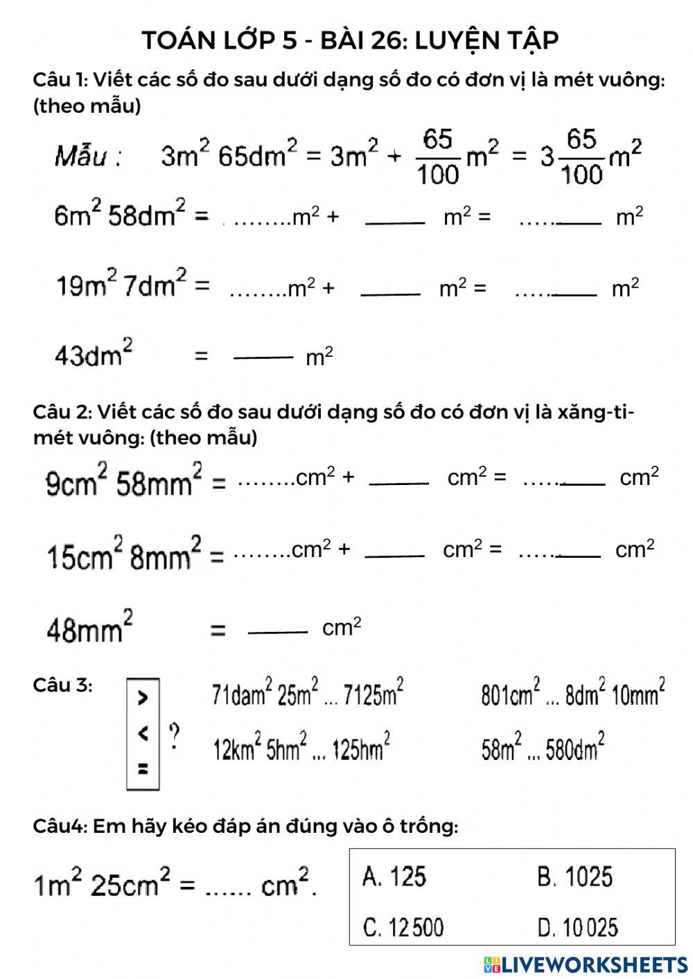 Toán lớp 5 - bài 26  luyện tập