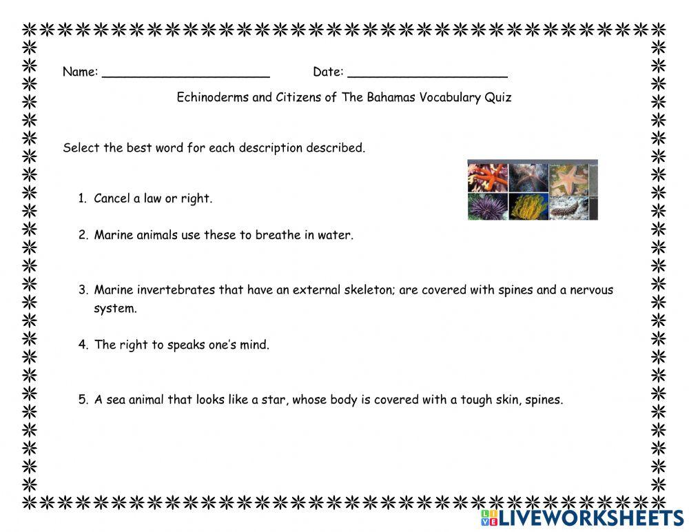 Citizens of The Bahamas and Ecinoderms Vocabulary Quiz