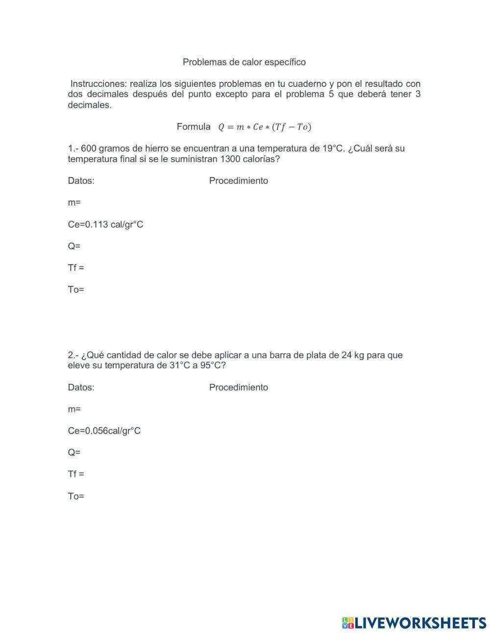 Ejercicios de calor específico