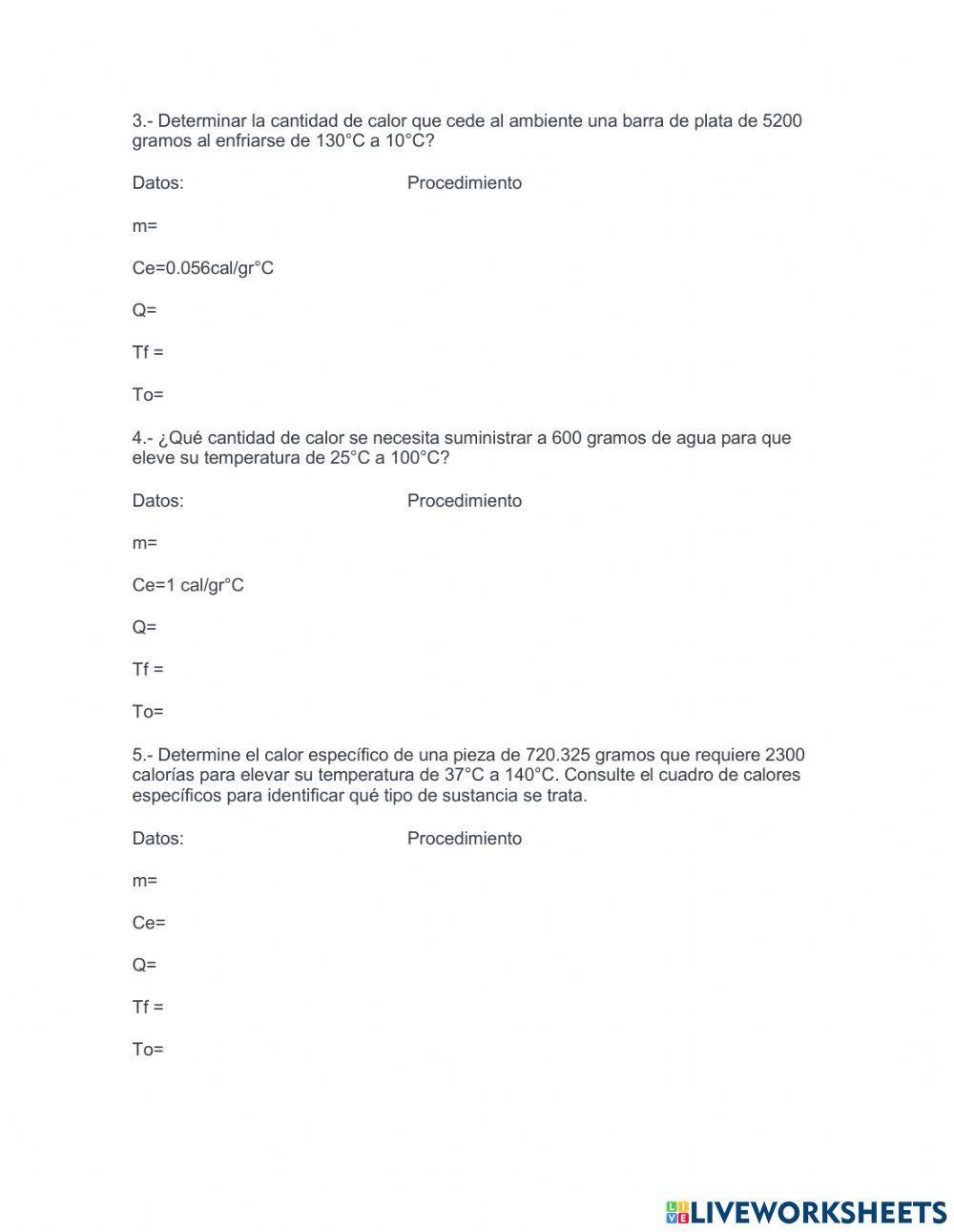 Ejercicios de calor específico