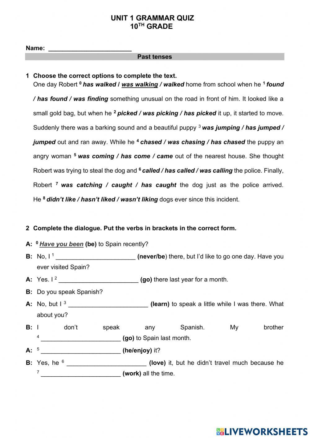 10th grade - past tenses quiz