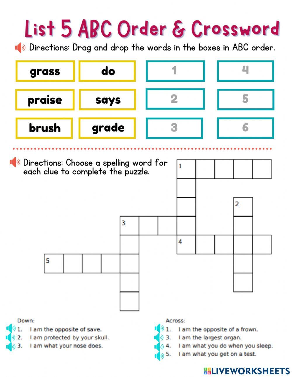 List 5 ABC Order Crossword worksheet Live Worksheets List 5 ABC Order Crossword worksheet Live Worksheets