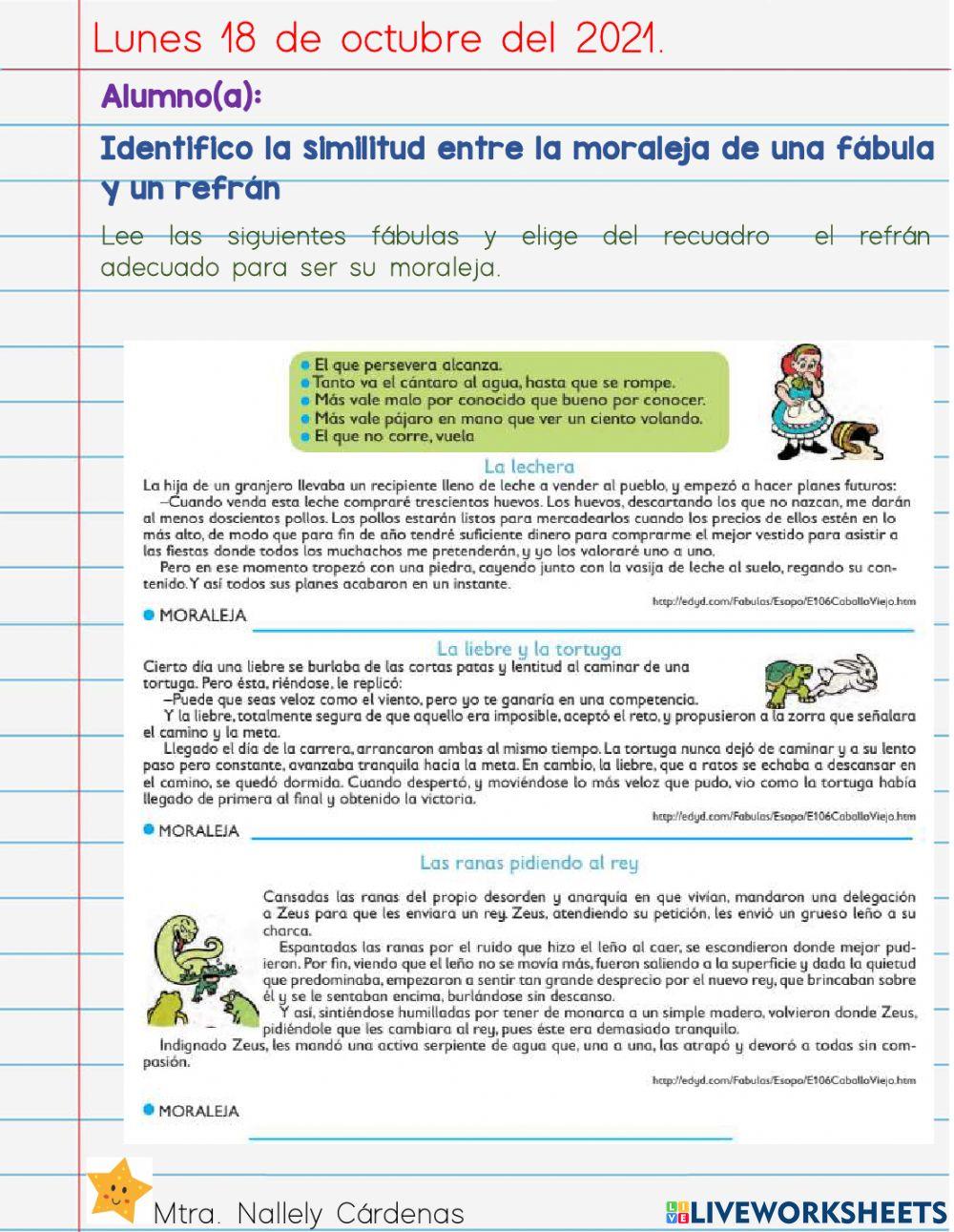 Identifico la similitud entre la moraleja de una fábula y un refrán