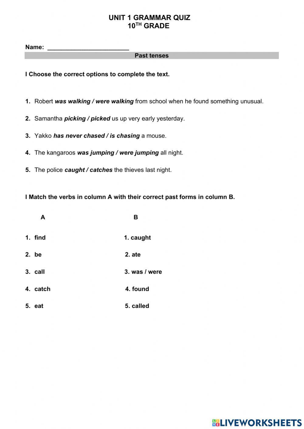 10th grade - past tenses quiz version