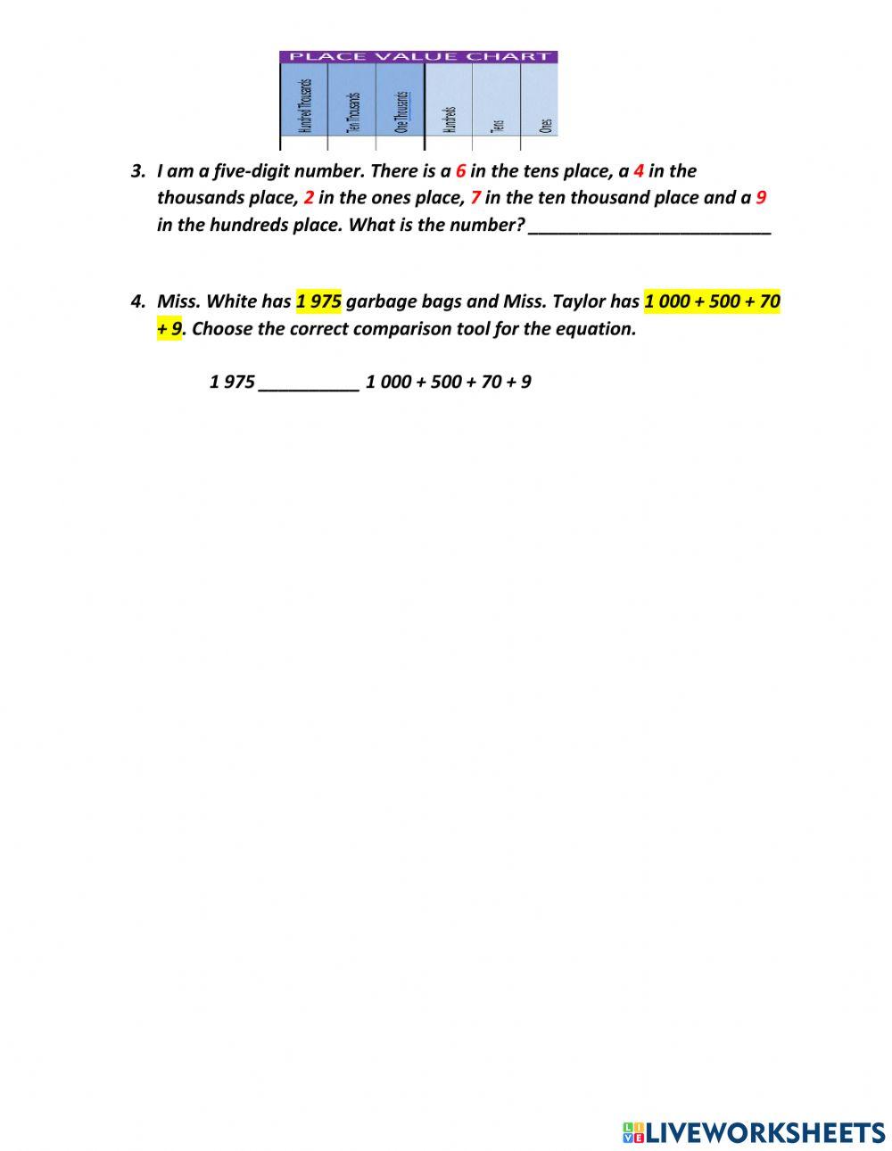 Application Place Value, Comparing, Ordering Numbers