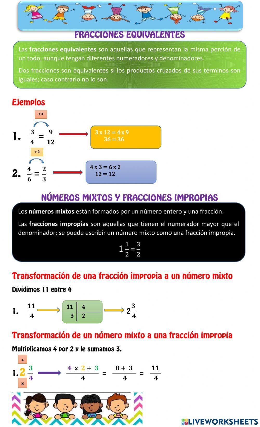 Las fracciones, equivalentes y mixtas