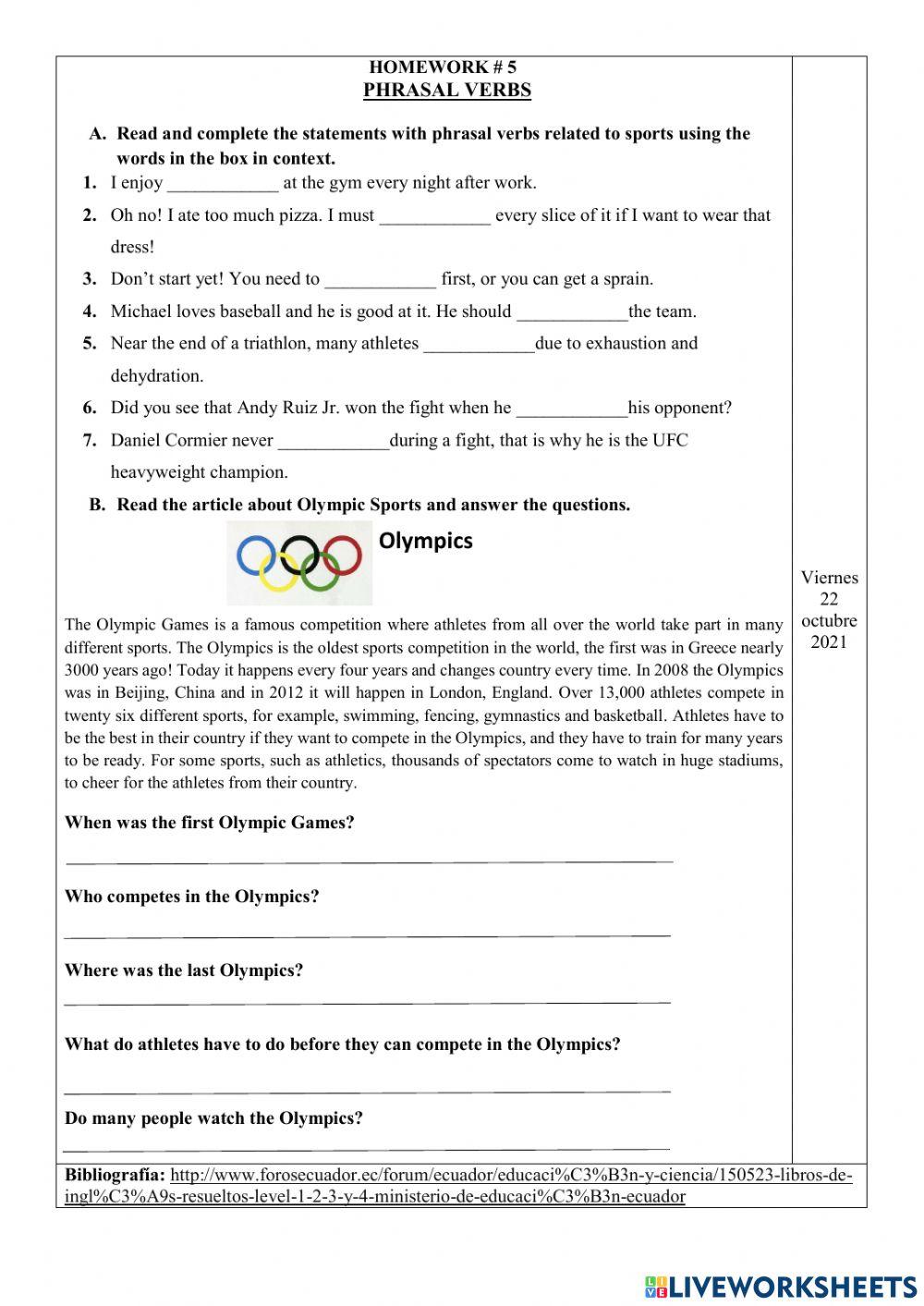 Ejercicio online Phrasal Verbs-10th EGB