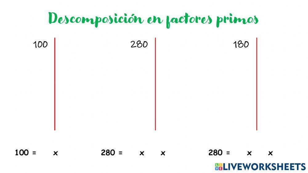 Descomposición en Factores Primos Matemáticas exercise | Live Worksheets