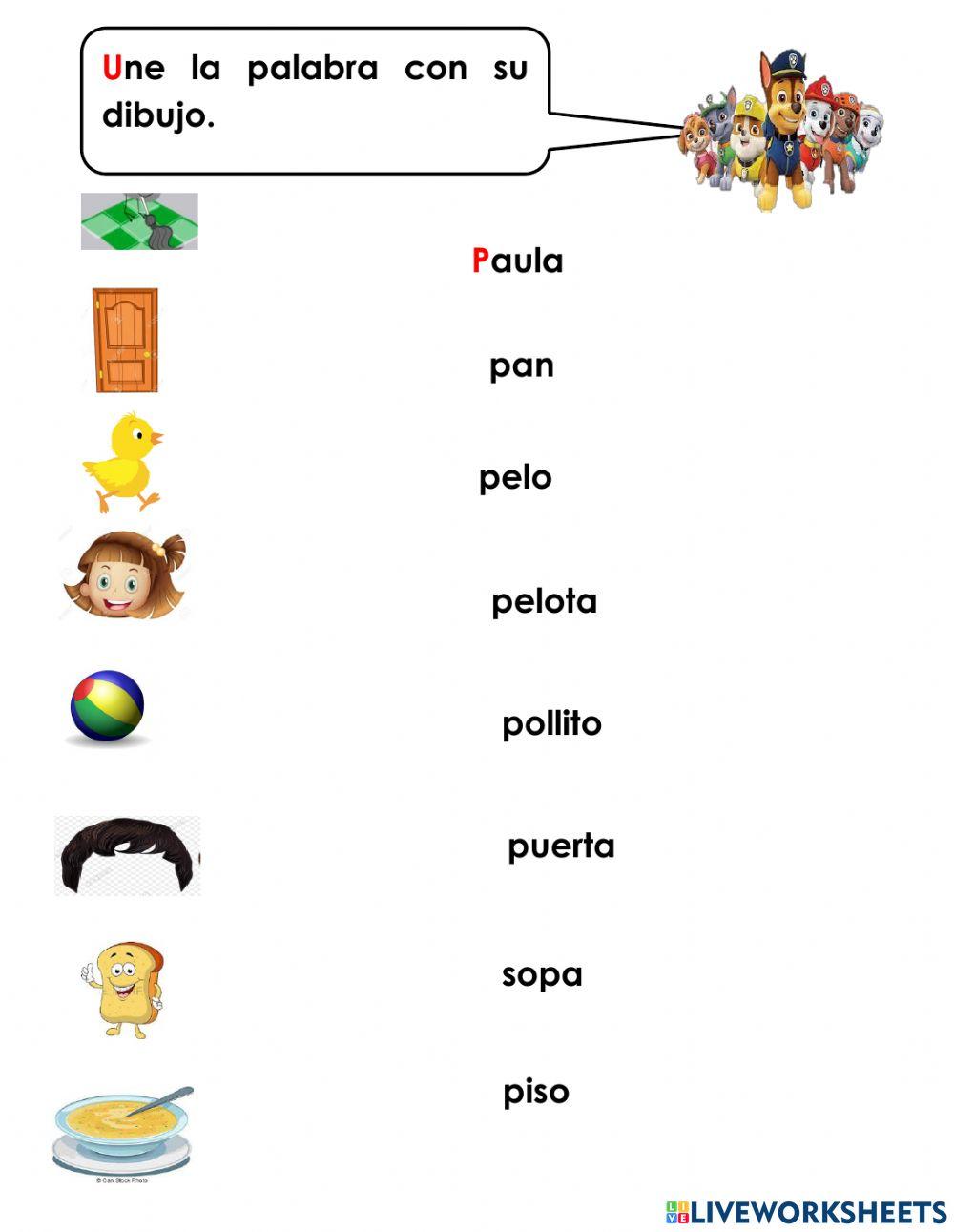 Actividad 4 unir palabras extras con p con sus dibujos