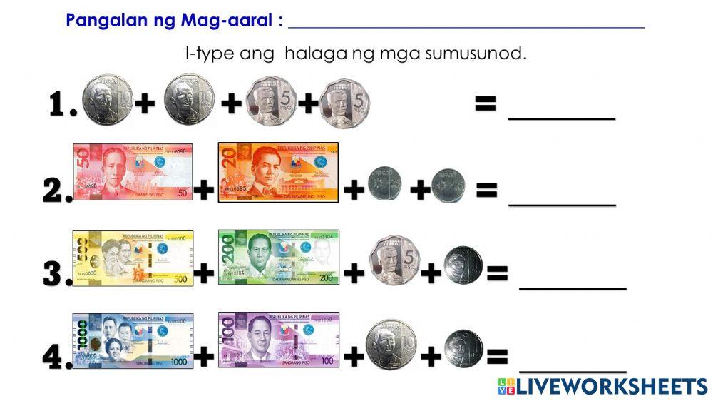 Math-pagkilala at paghahambing  ng pera-gawain 1&2